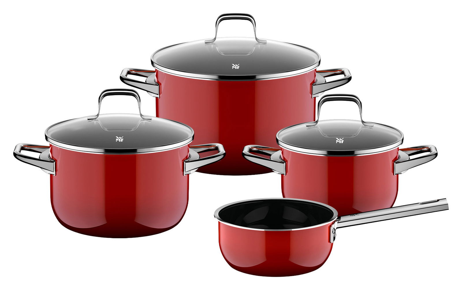 Rotes 4-teiliges Topfset mit Glasdeckeln und Edelstahlgriffen, seitliche Perspektive