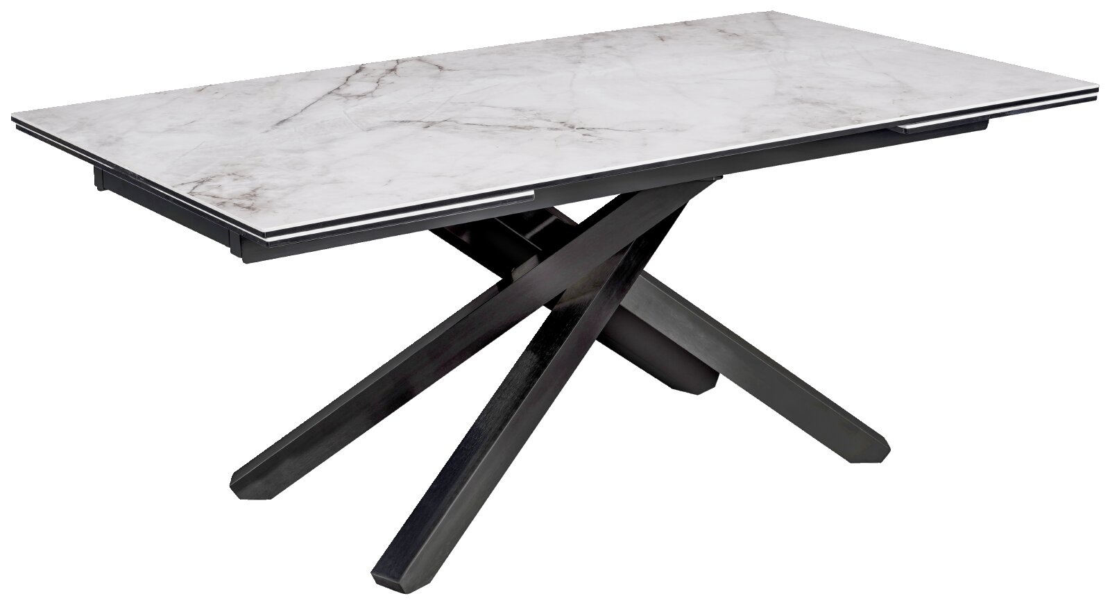 Moderne rechthoekige eettafel met wit marmerlook blad en zwart gekruist onderstel, schuin van voren en iets van boven weergegeven.