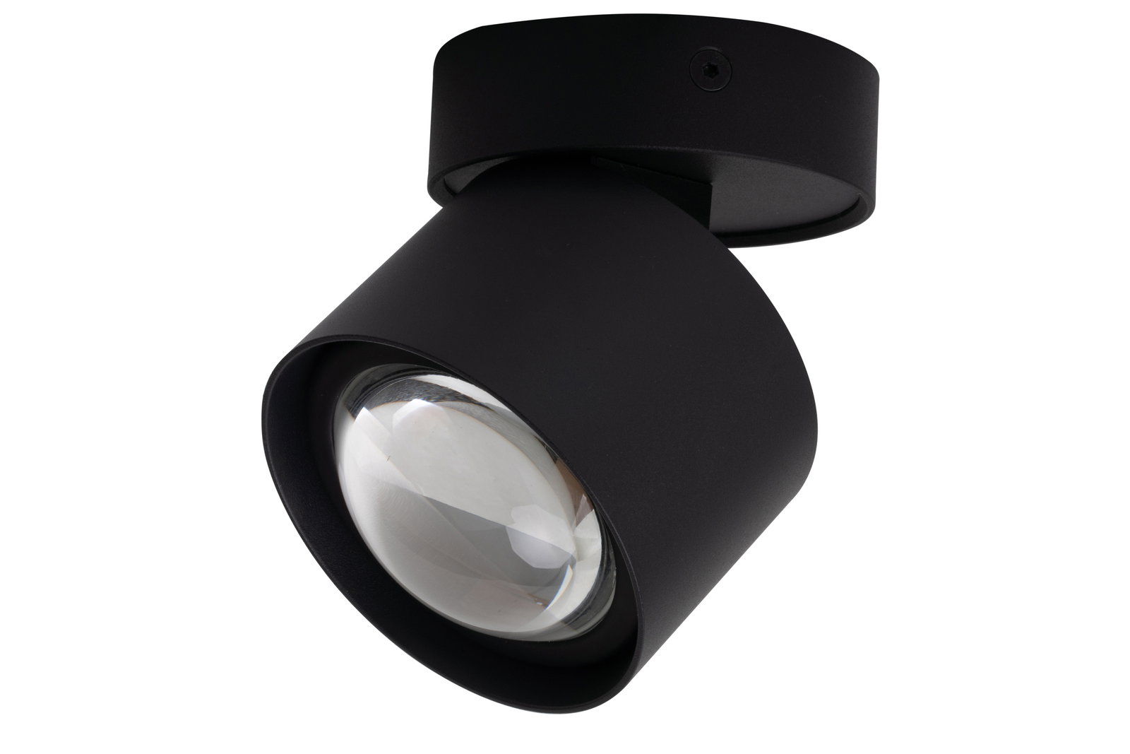 Schwarzer LED-Spotkopf mit klarer Linse, seitliche Perspektive