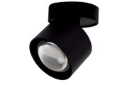 Zwarte led-spotkop met heldere lens, zijaanzicht