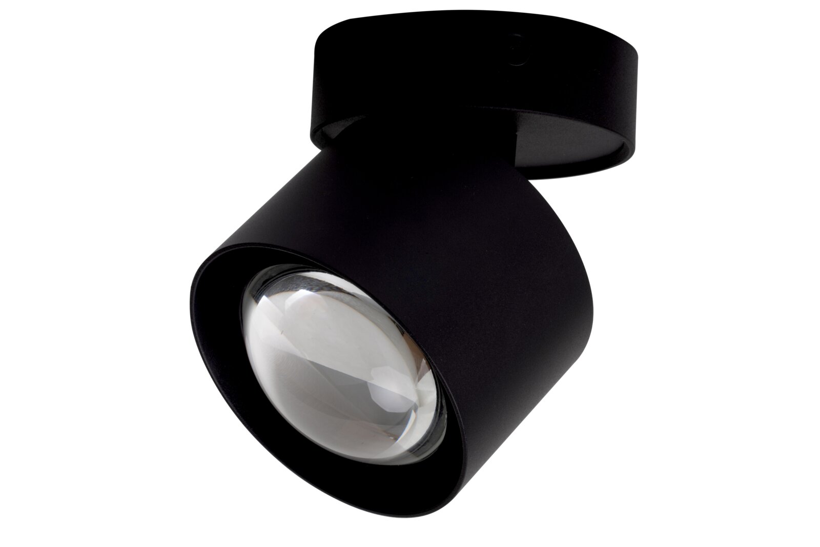 Zwarte led-spotkop met heldere lens, zijaanzicht