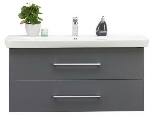 Voleo Waschtisch-Set LARA Moderner Waschtisch mit zwei Schubladen in grauer Farbe, darauf eine Pflanze und Seifenspender, Frontalansicht.