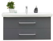 Moderner Waschtisch mit zwei Schubladen in grauer Farbe, darauf eine Pflanze und Seifenspender, Frontalansicht.