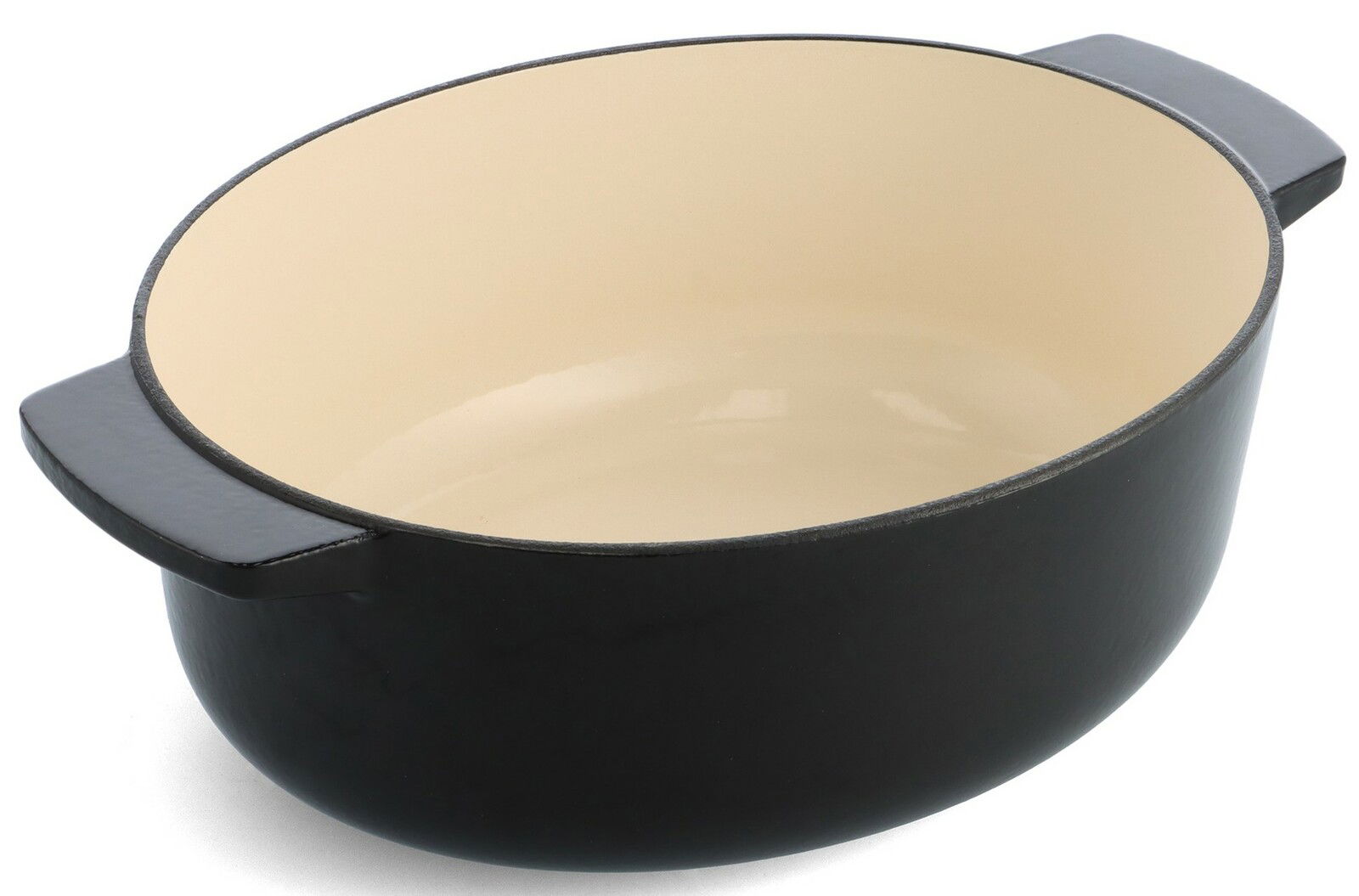 Ovaler Gusseisen-Bräter, 30 cm, schwarz mit cremefarbener Innenbeschichtung, seitliche Perspektive