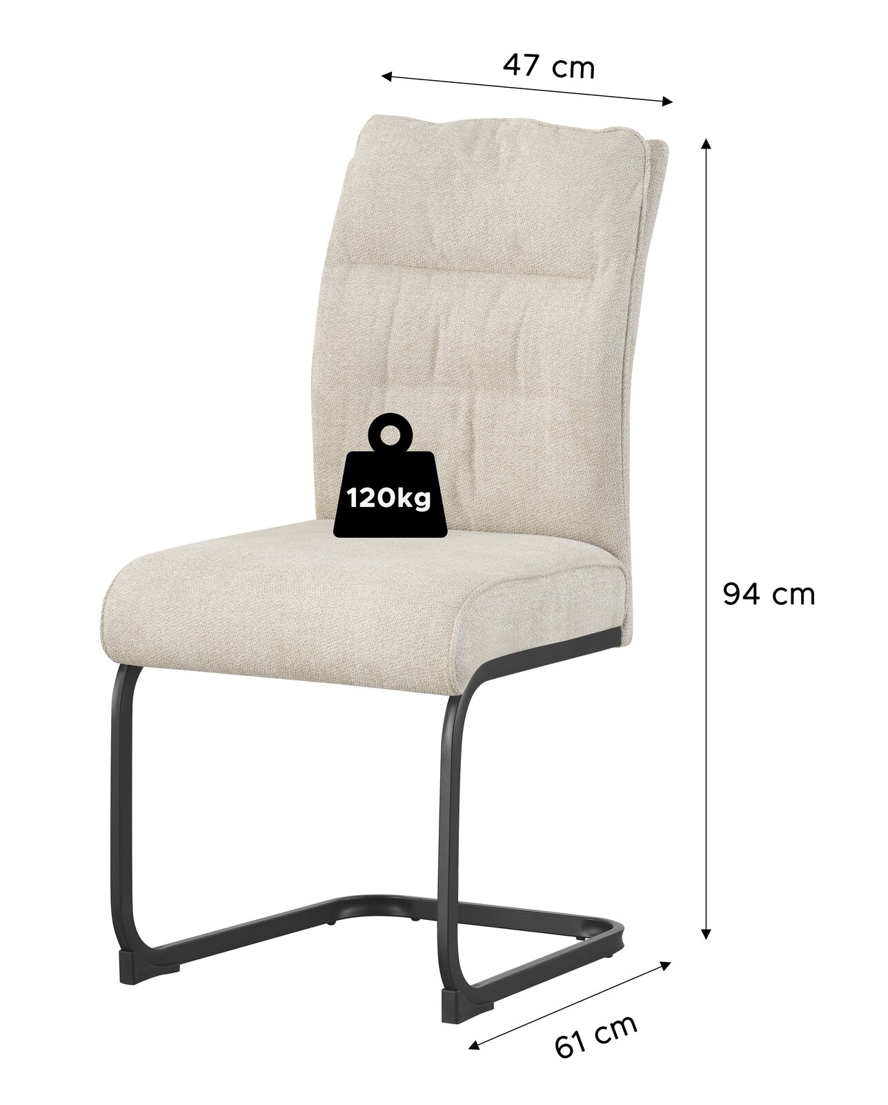 Beiger Polsterstuhl mit schwarzem Freischwinger-Metallgestell, Maße 47 cm Breite, 61 cm Tiefe und 94 cm Höhe, belastbar bis 120 kg, in schräger Frontansicht vor weißem Hintergrund.