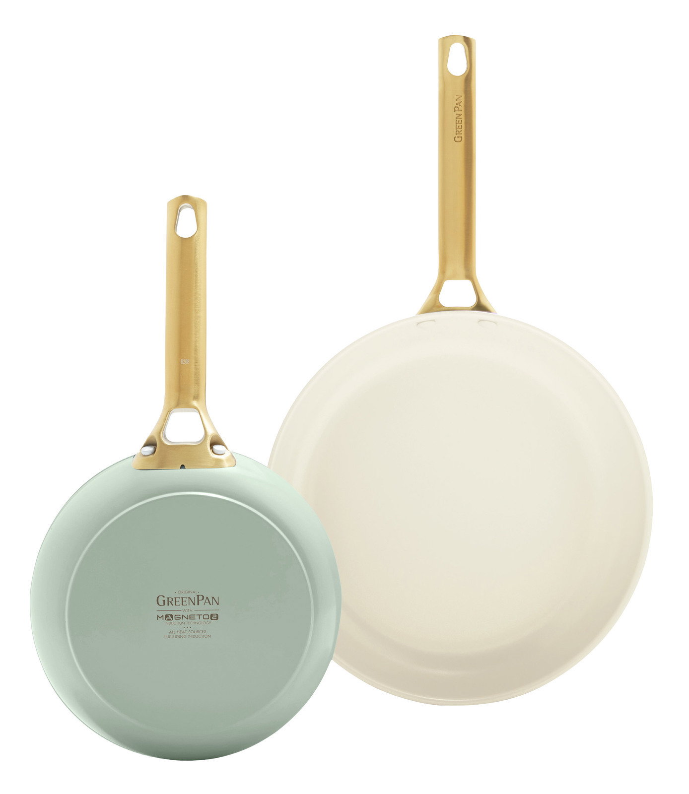 GreenPan Bratpfannen Set 20+26cm PADOVA Zwei Bratpfannen in einem Set, eine mit hellgrüner Unterseite und die andere in Cremefarbe, beide mit goldfarbenen Griffen, aus der Vogelperspektive.