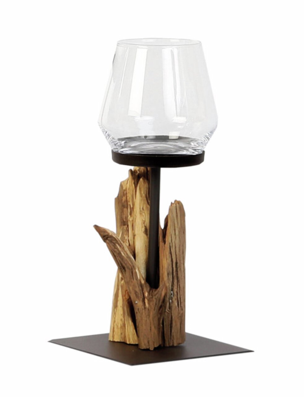 Windlicht Raisa aus Glas und Holz auf quadratischer Metallbasis, seitliche Perspektive