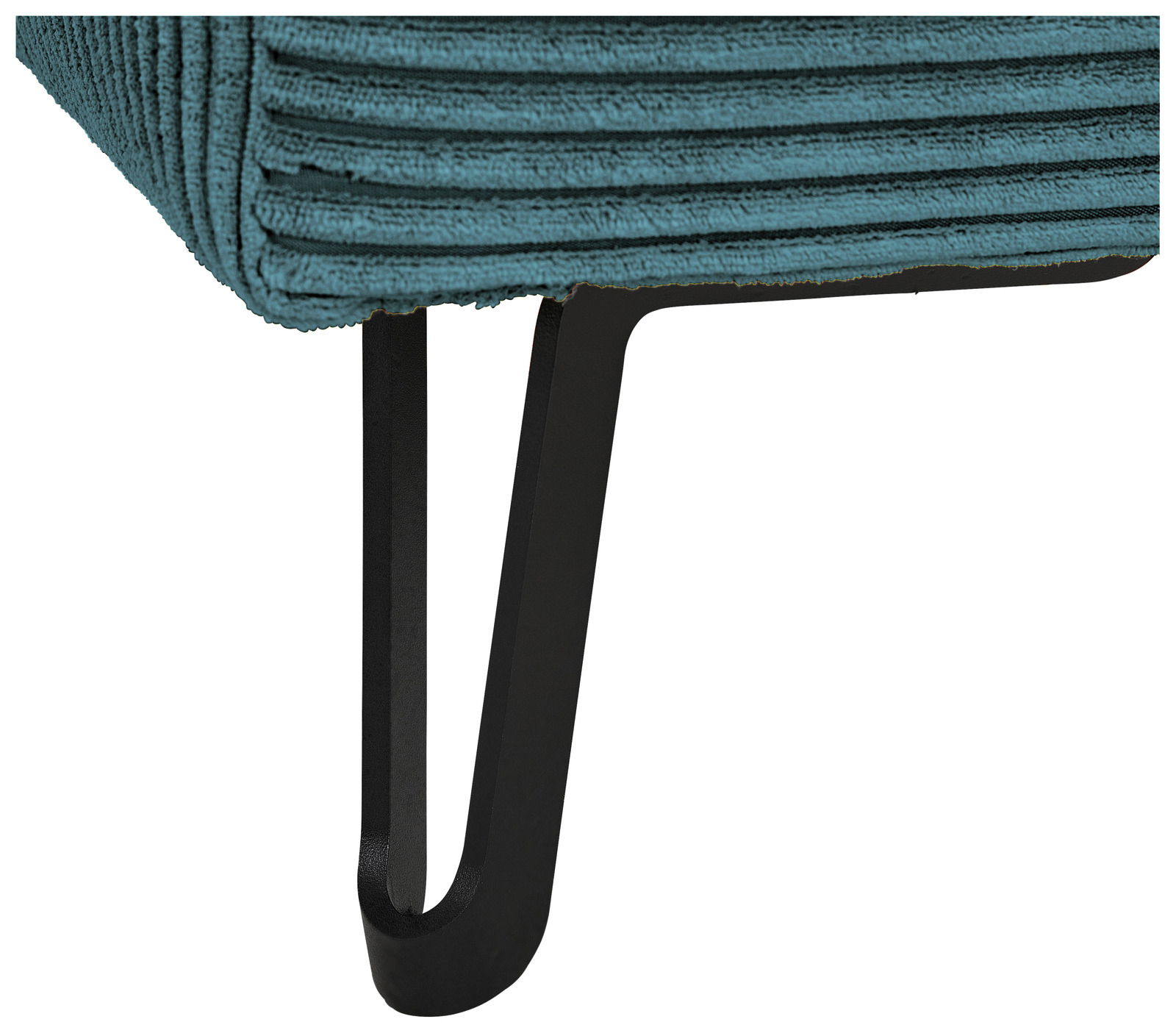 Nahaufnahme eines Sofabeins mit schwarzem Metallgestell und türkisfarbenem, geripptem Stoffbezug.