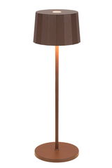 Braune Akku-Tischleuchte mit modernem Design, seitliche Perspektive