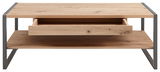 Moderner Couchtisch aus Holz mit Metallrahmen, Schublade und Ablagefläche, Frontalansicht