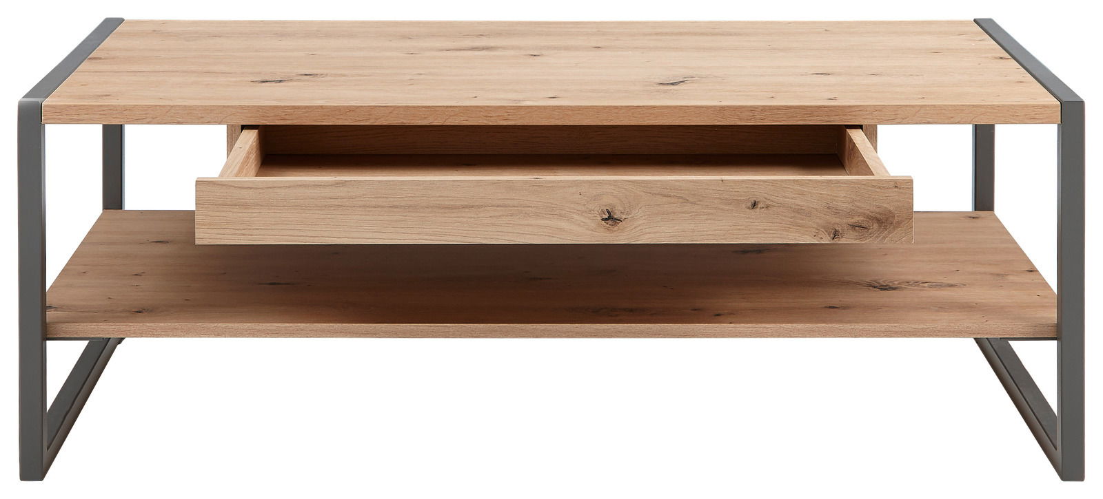 Moderner Couchtisch aus Holz mit Metallrahmen, Schublade und Ablagefläche, Frontalansicht