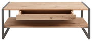 Moderner Couchtisch aus Holz mit Metallrahmen, Schublade und Ablagefläche, Frontalansicht