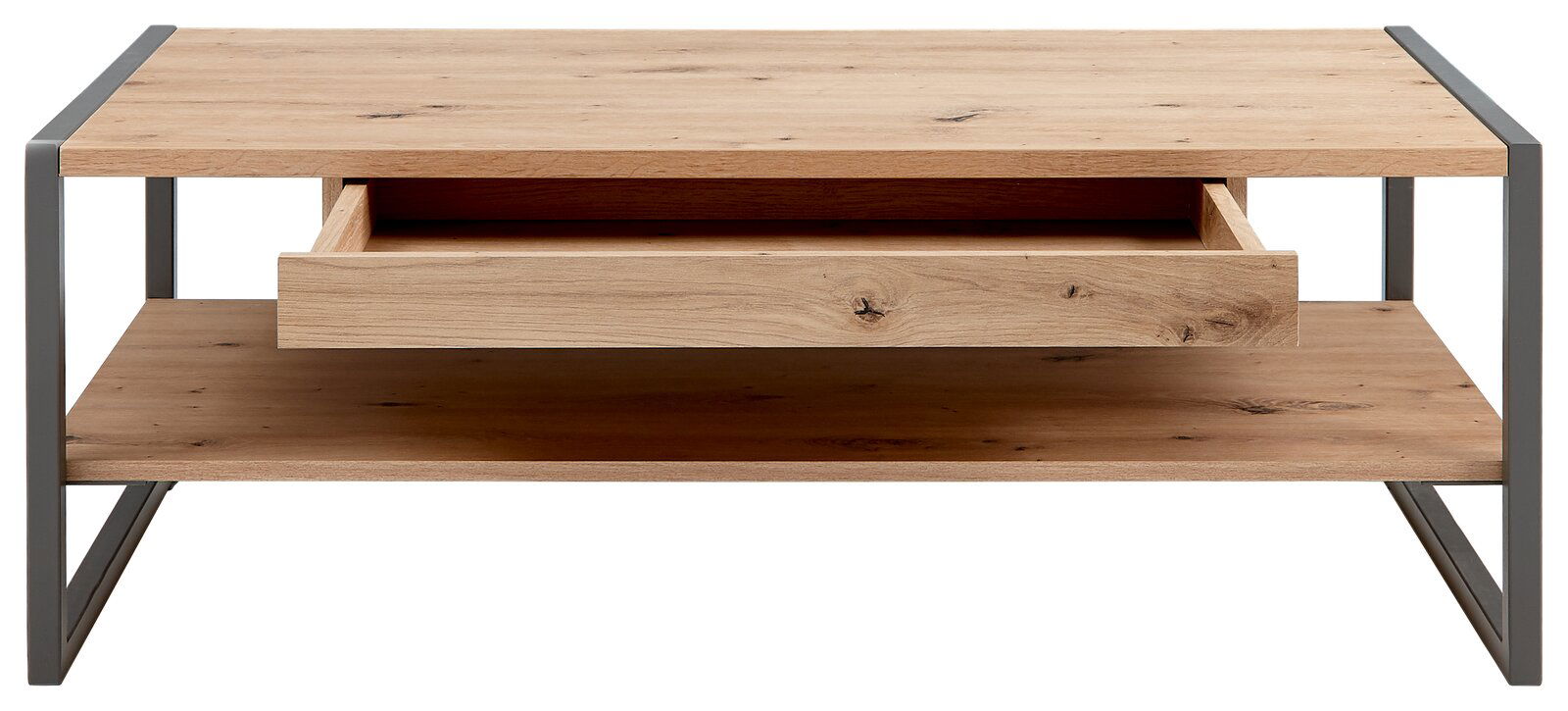 Moderner Couchtisch aus Holz mit Metallrahmen, Schublade und Ablagefläche, Frontalansicht