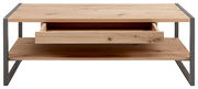 Moderner Couchtisch aus Holz mit Metallrahmen, Schublade und Ablagefläche, Frontalansicht
