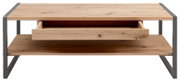 Moderner Couchtisch aus Holz mit Metallrahmen, Schublade und Ablagefläche, Frontalansicht