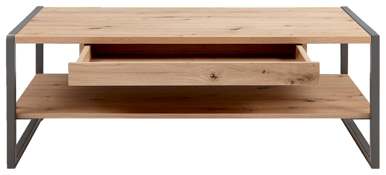 Moderne houten salontafel met metalen frame, lade en opbergvlak, vooraanzicht