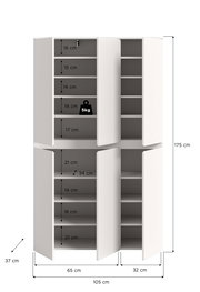 Weißer Mehrtürenschrank mit offenen Türen und mehreren Einlegeböden, Maßgrafik mit Höhe 175 cm, Breite 105 cm und Tiefe 37 cm sowie Fachhöhenangaben und 5-kg-Belastungshinweis, Frontansicht leicht schräg von vorn.