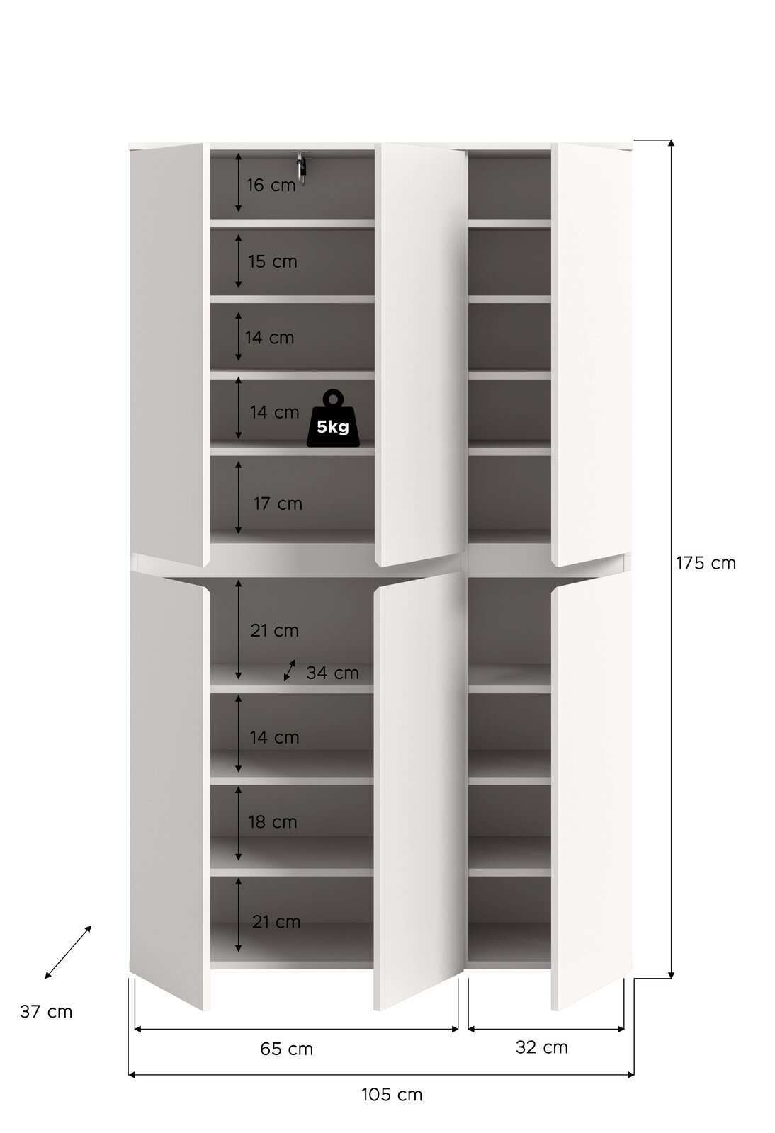 Weißer Mehrtürenschrank mit offenen Türen und mehreren Einlegeböden, Maßgrafik mit Höhe 175 cm, Breite 105 cm und Tiefe 37 cm sowie Fachhöhenangaben und 5-kg-Belastungshinweis, Frontansicht leicht schräg von vorn.