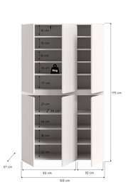 Weißer Mehrtürenschrank mit offenen Türen und mehreren Einlegeböden, Maßgrafik mit Höhe 175 cm, Breite 105 cm und Tiefe 37 cm sowie Fachhöhenangaben und 5-kg-Belastungshinweis, Frontansicht leicht schräg von vorn.