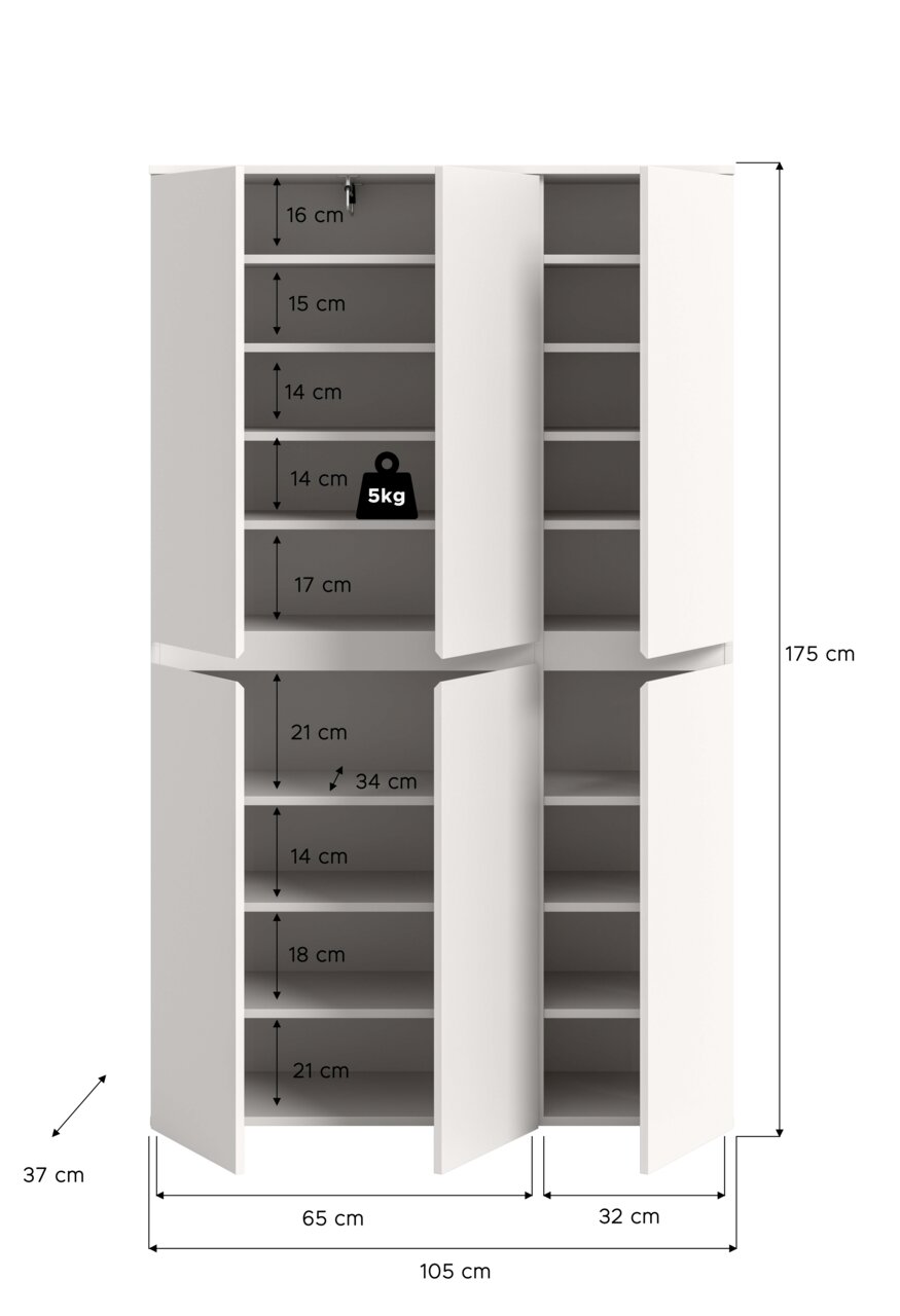 Weißer Mehrtürenschrank mit offenen Türen und mehreren Einlegeböden, Maßgrafik mit Höhe 175 cm, Breite 105 cm und Tiefe 37 cm sowie Fachhöhenangaben und 5-kg-Belastungshinweis, Frontansicht leicht schräg von vorn.