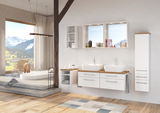 Moderner Badezimmer-Midischrank in Weiß mit Holzdetails, seitliche Perspektive