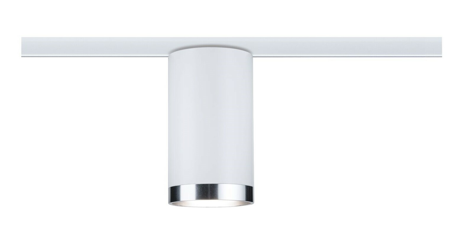 Weißer zylindrischer Schienenspot Tube von PAULMANN, frontal abgebildet, montiert an einer Schiene.