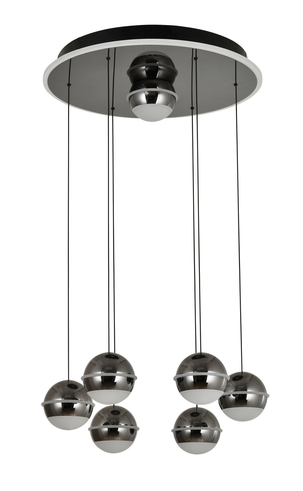 Moderne LED-Pendelleuchte mit sieben kugelförmigen Lampen, hängend von einer runden Deckenplatte, seitliche Perspektive.