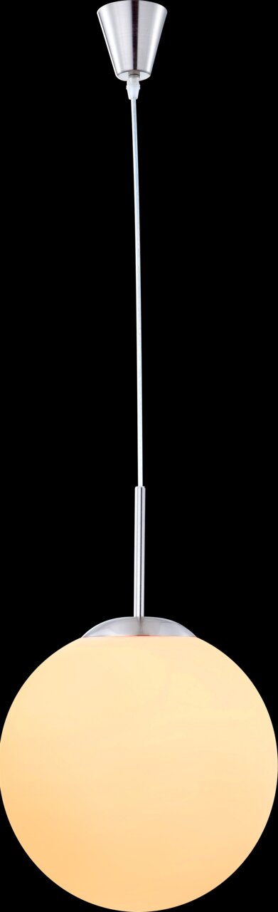 Moderne Hängeleuchte mit kugelförmigem, warm leuchtendem Lampenschirm aus Glas, seitliche Perspektive.