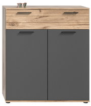 Frontale Ansicht einer modernen Garderobenkombination mit Holz- und Grautönen, darauf liegt eine Sonnenbrille.