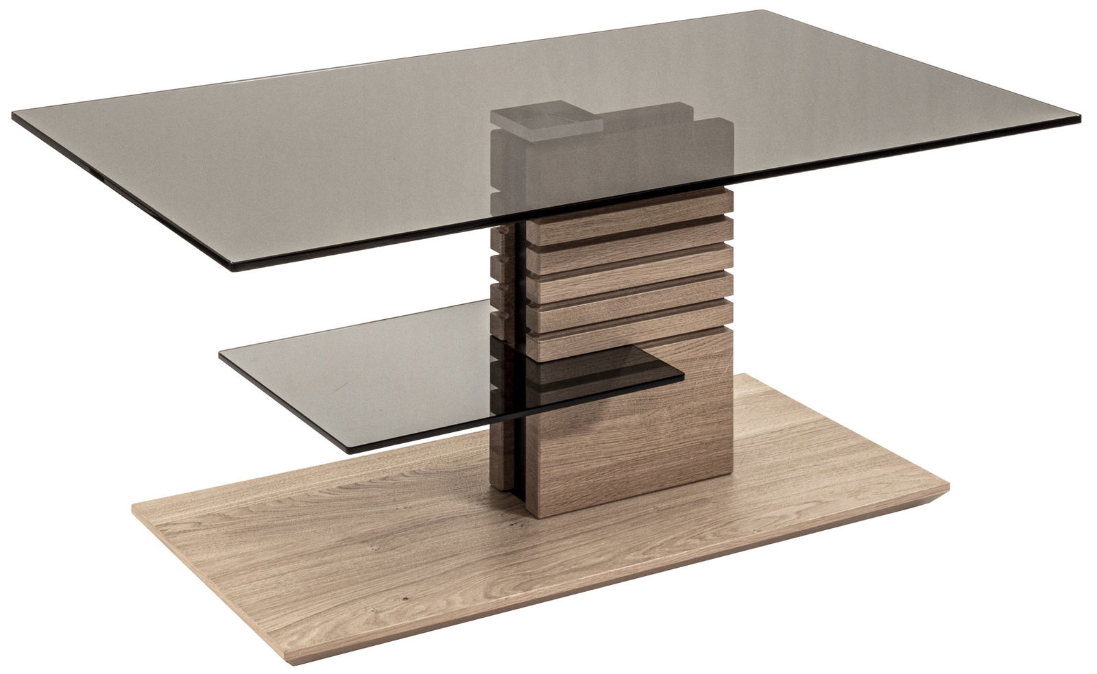 Moderner Couchtisch mit Glasplatte und Holzdetails, seitliche Perspektive