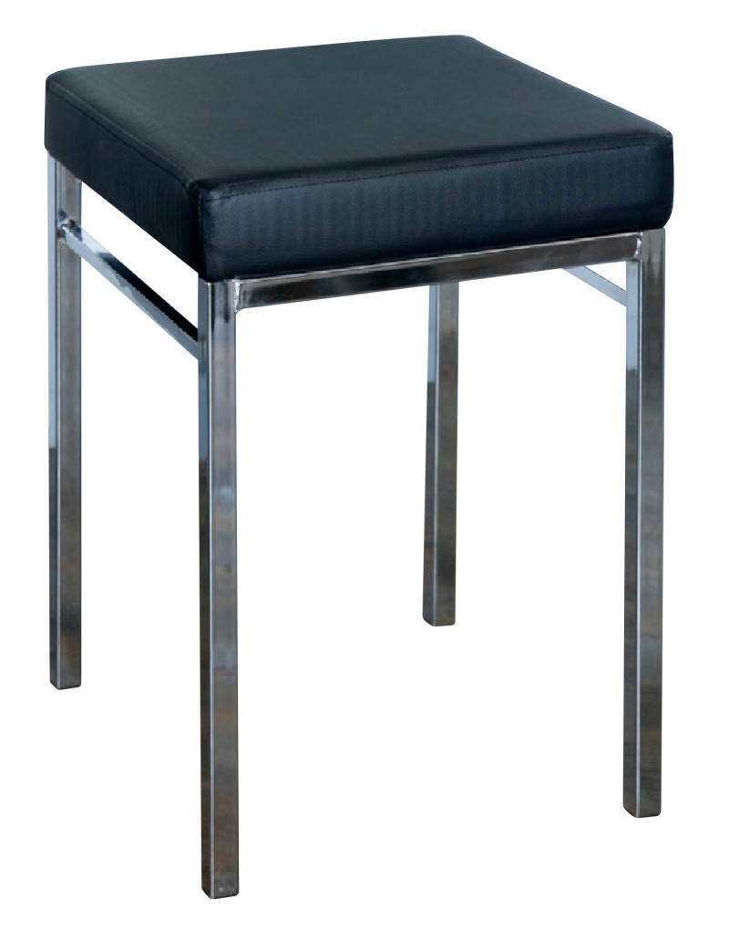 Moderner Badhocker mit schwarzem Sitzpolster und verchromtem Gestell, seitliche Perspektive