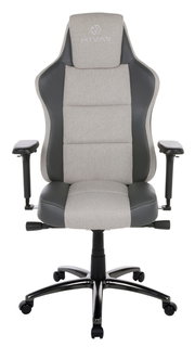 Frontansicht eines grauen Gaming-Stuhls mit verstellbaren Armlehnen und einem stabilen schwarzen Fußkreuz.