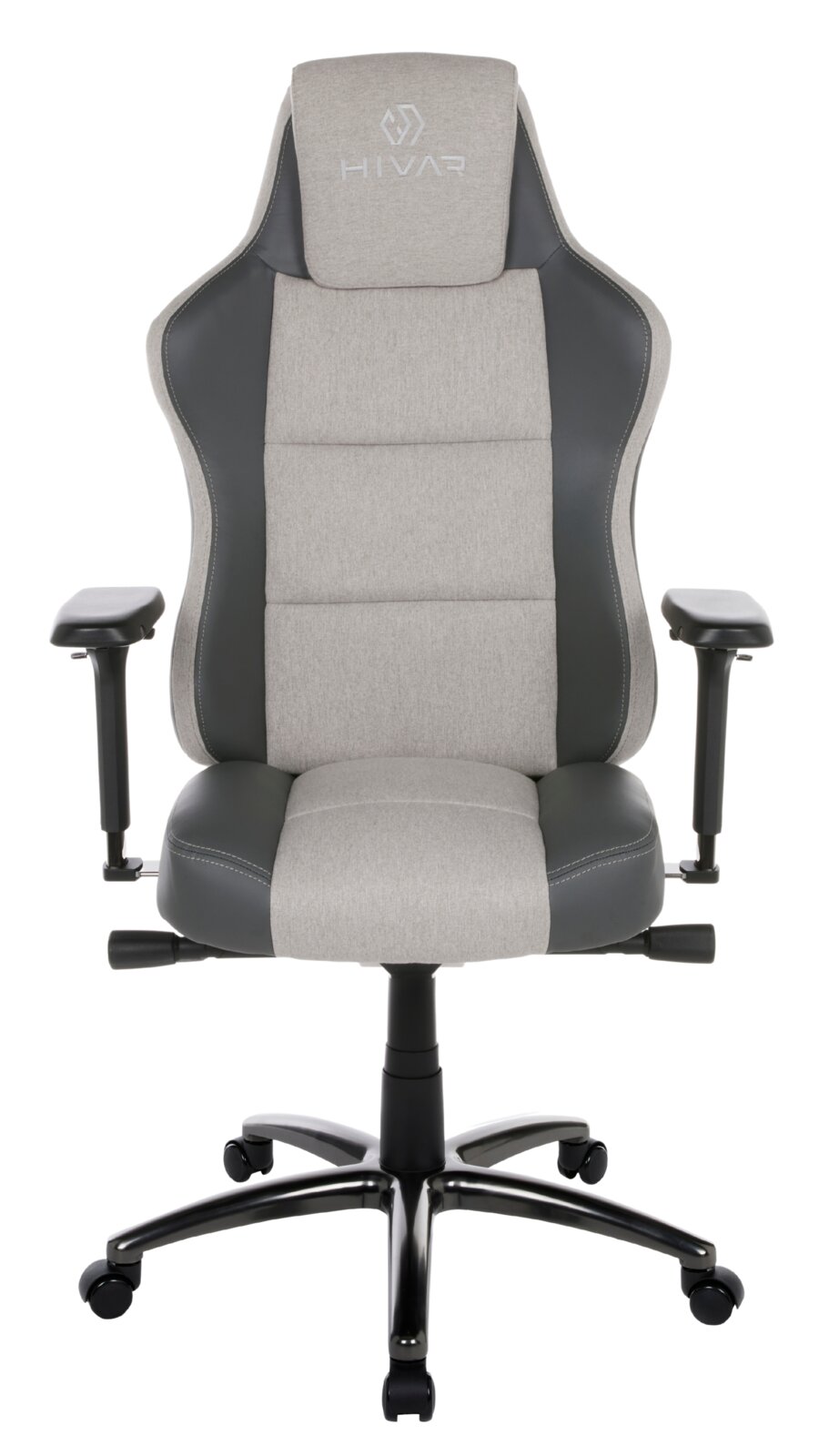 Frontansicht eines grauen Gaming-Stuhls mit verstellbaren Armlehnen und einem stabilen schwarzen Fußkreuz.