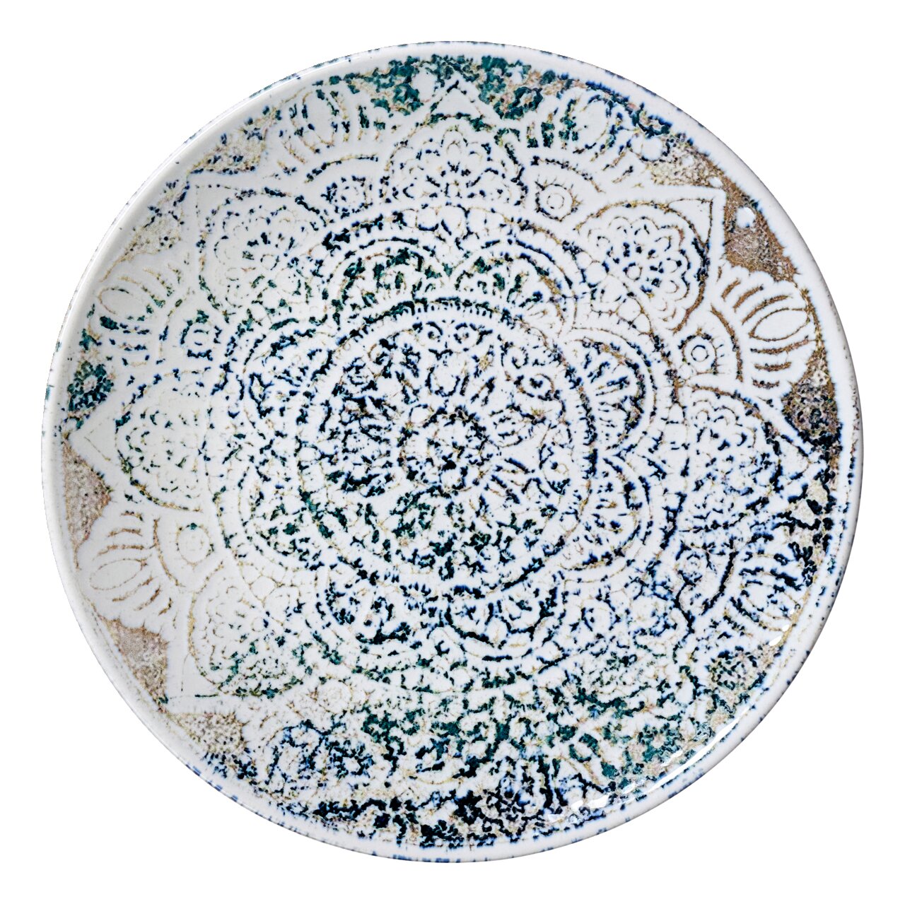 Runde Keramikplatte mit detailliertem, mandalaartigem Muster in Blau- und Grüntönen, von oben betrachtet.
