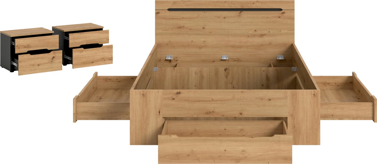 Holzbett in Eiche-Optik mit geöffnetem Bettkasten und drei ausgezogenen Schubladen, Frontansicht in leichter Draufsicht auf weißem Hintergrund