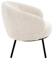 Gepolsterter Lounge-Sessel mit hellbeigem, grob gewebtem Stoffbezug und schwarzen Metallbeinen, seitliche Ansicht leicht von hinten auf weißem Hintergrund