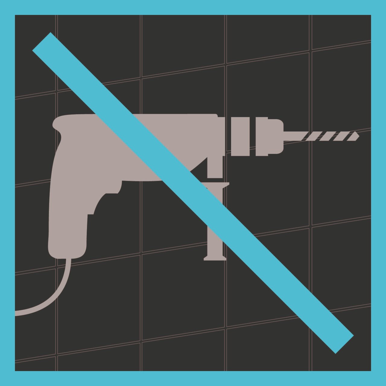 Symbolbild eines Wandhakens, der ohne Bohren montiert werden kann, mit einem durchgestrichenen Bohrer auf Fliesenhintergrund.