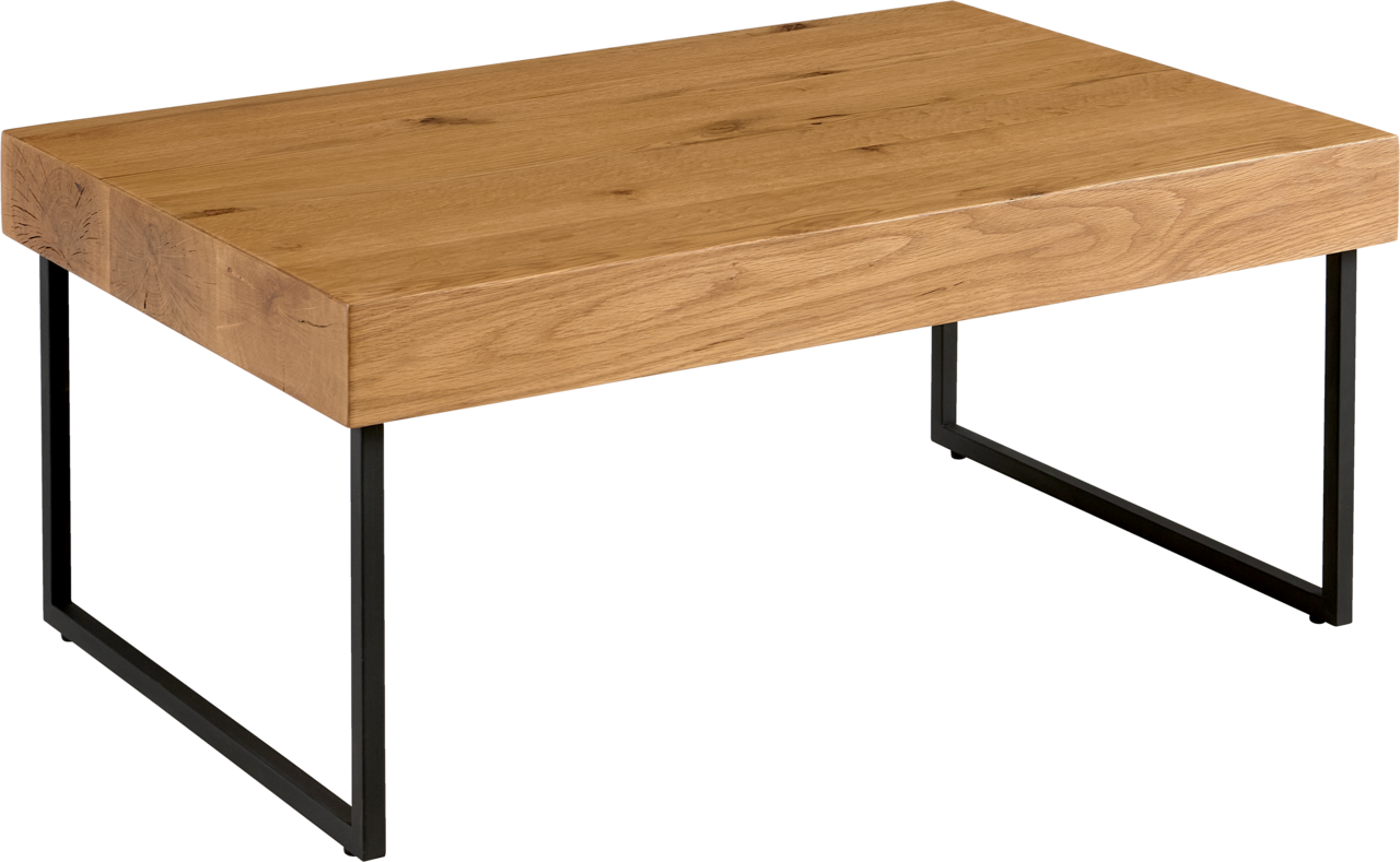 Moderner Couchtisch aus Holz mit schwarzem Metallgestell, seitliche Perspektive