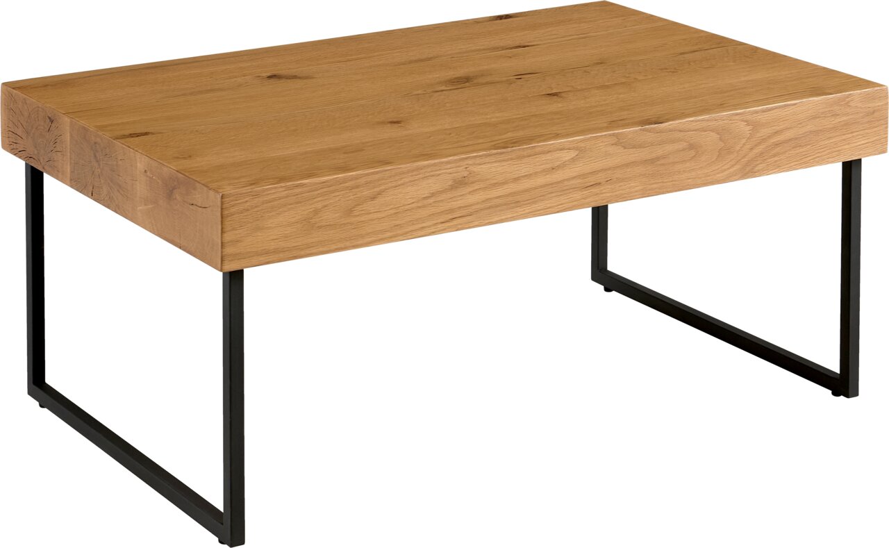 Moderner Couchtisch aus Holz mit schwarzem Metallgestell, seitliche Perspektive