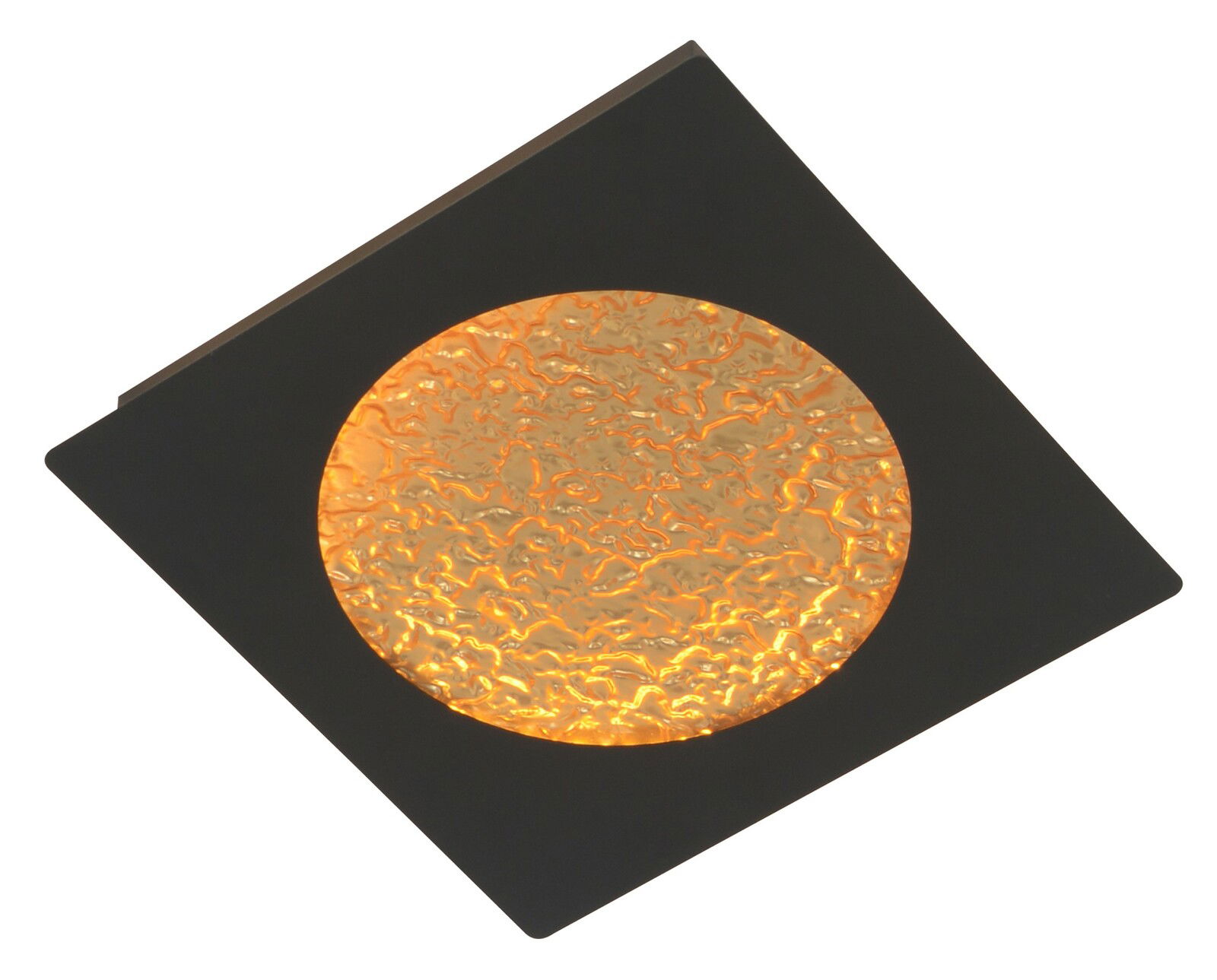 LED-Wandleuchte TOULON in diagonaler Perspektive mit schwarzem Rahmen und leuchtendem, strukturiertem goldenen Kreis in der Mitte.