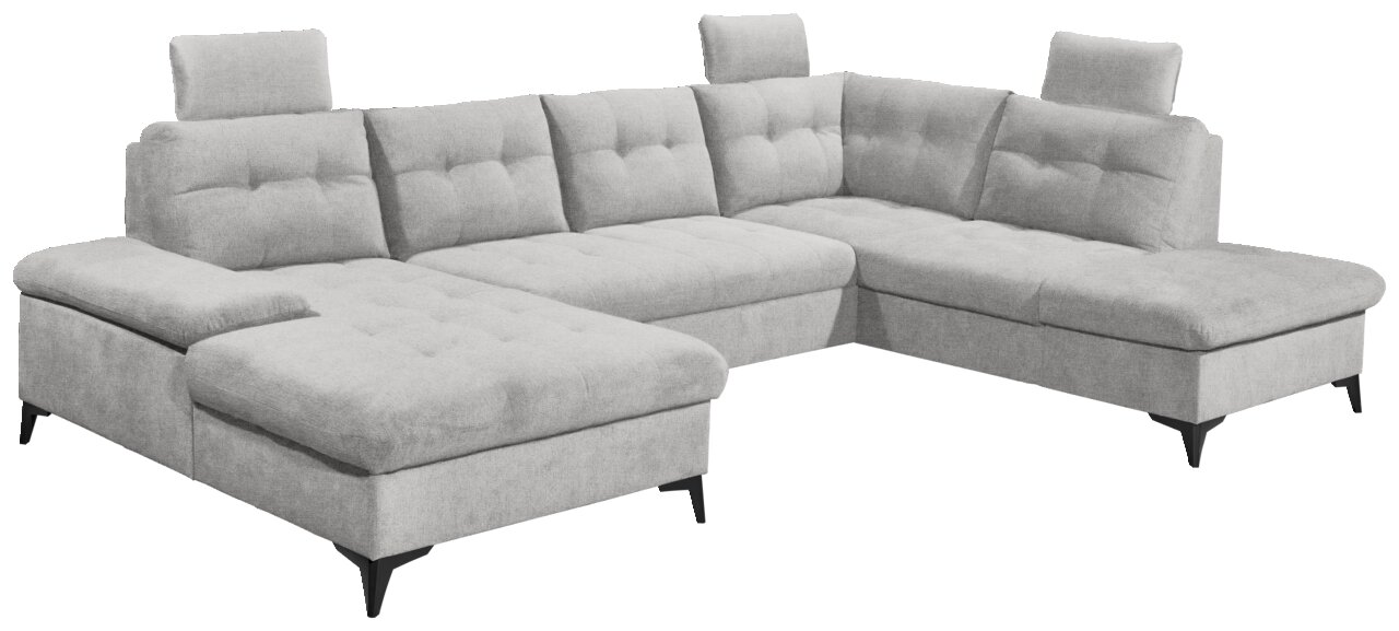 Graues Ecksofa mit U-Form und verstellbaren Kopfstützen, Perspektive von vorne links