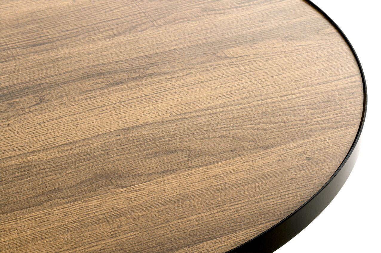 Zurbrüggen Beistelltisch Detailaufnahme einer runden Tischplatte in Holzoptik mit schwarzem Rand, leicht von oben fotografiert