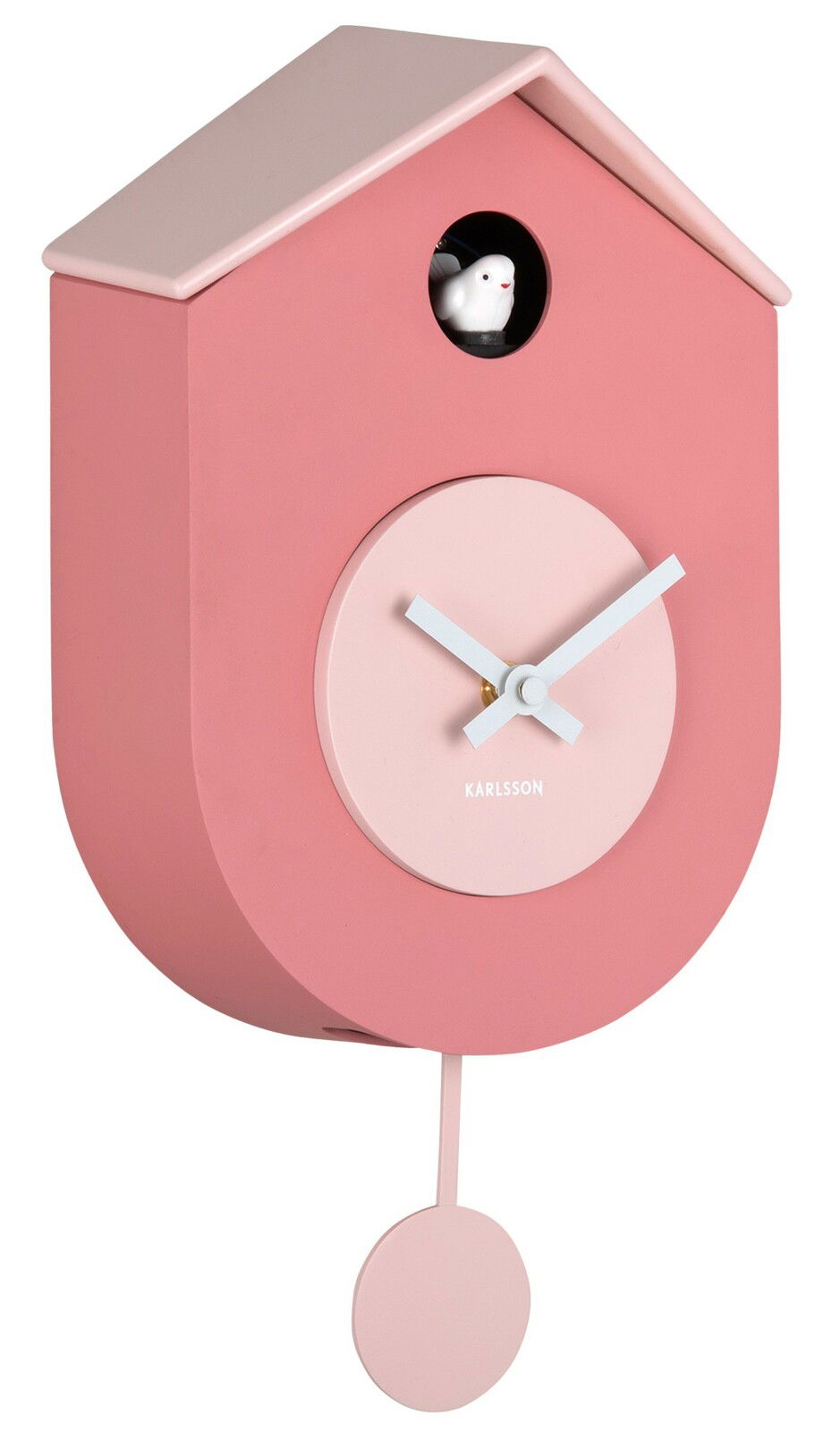 Rosa Wanduhr in Form eines Vogelhäuschens mit Pendel und kleinem Vogel, seitliche Perspektive
