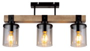 Moderne Deckenleuchte mit drei Glühbirnen in Glaszylindern, montiert auf einem Holzträger, seitliche Perspektive