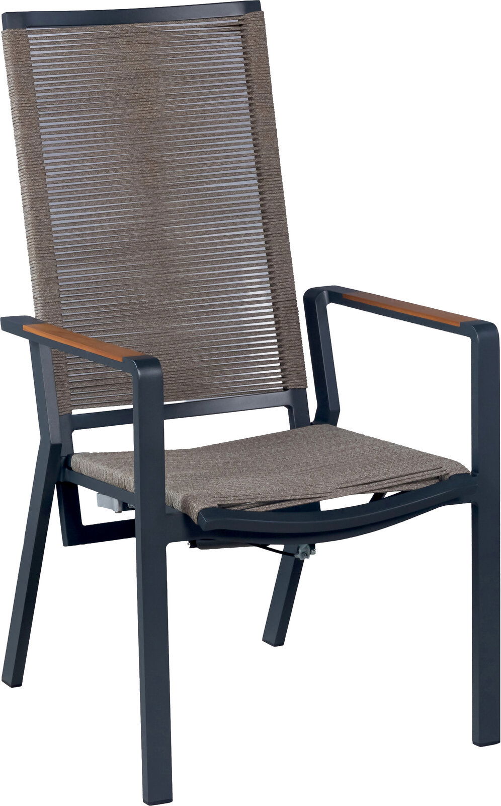 Amatio Relaxsessel LA SPEZIA Moderner Gartenstuhl mit dunkelgrauem Metallgestell, taupefarbenem Seilgeflecht an Rückenlehne und Sitzfläche sowie Holz-Armlehnen, in schräger Frontansicht (3/4-Perspektive) freigestellt auf weißem Hintergrund