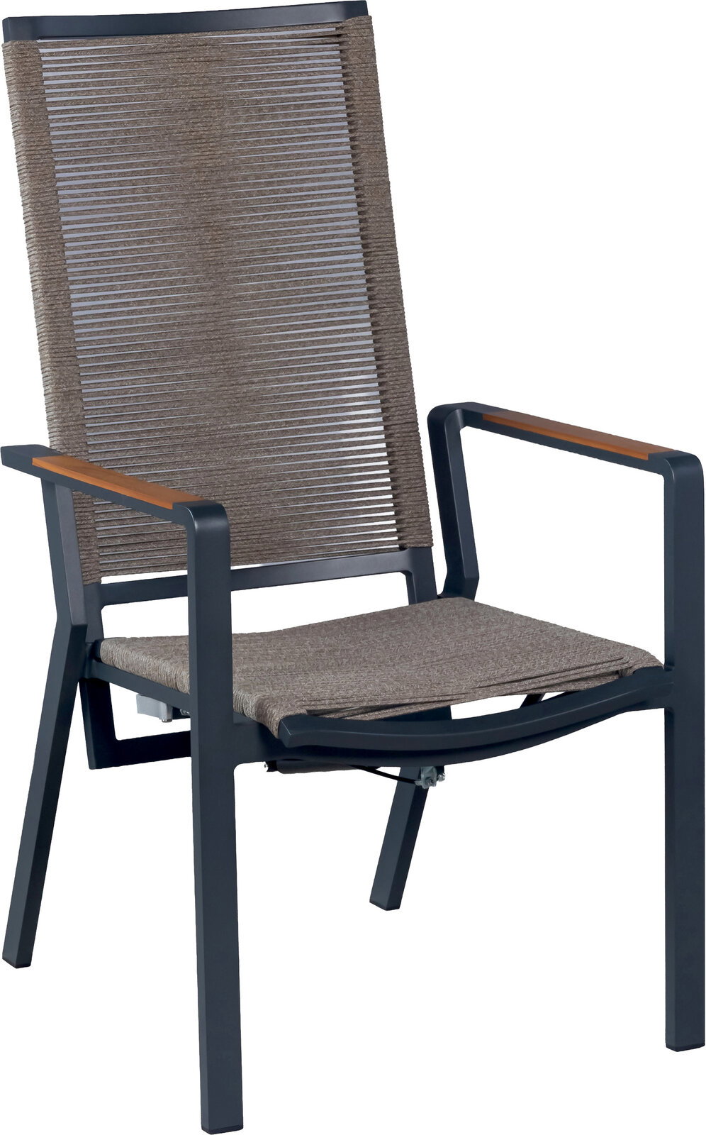 Amatio Relaxsessel LA SPEZIA Moderner Gartenstuhl mit dunkelgrauem Metallgestell, taupefarbenem Seilgeflecht an Rückenlehne und Sitzfläche sowie Holz-Armlehnen, in schräger Frontansicht (3/4-Perspektive) freigestellt auf weißem Hintergrund