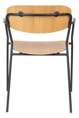 Rückansicht eines Armlehnenstuhls mit Holzsitz und Rückenlehne, schwarzem Metallrahmen.