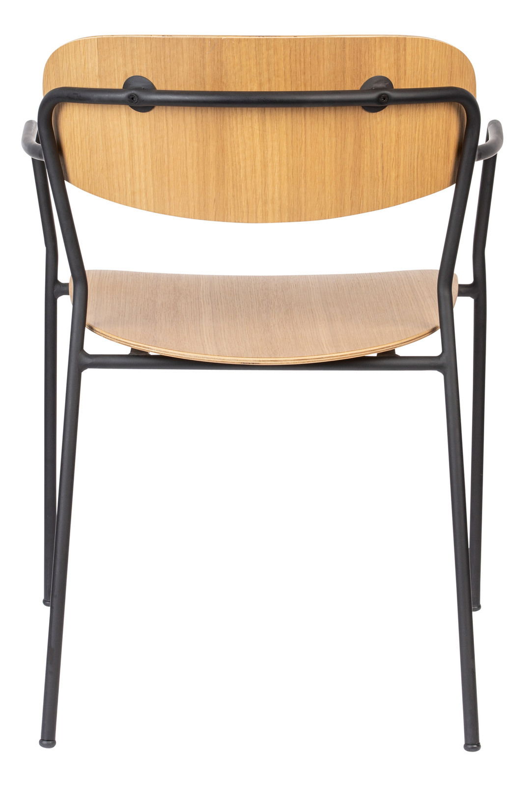 Rückansicht eines Armlehnenstuhls mit Holzsitz und Rückenlehne, schwarzem Metallrahmen.