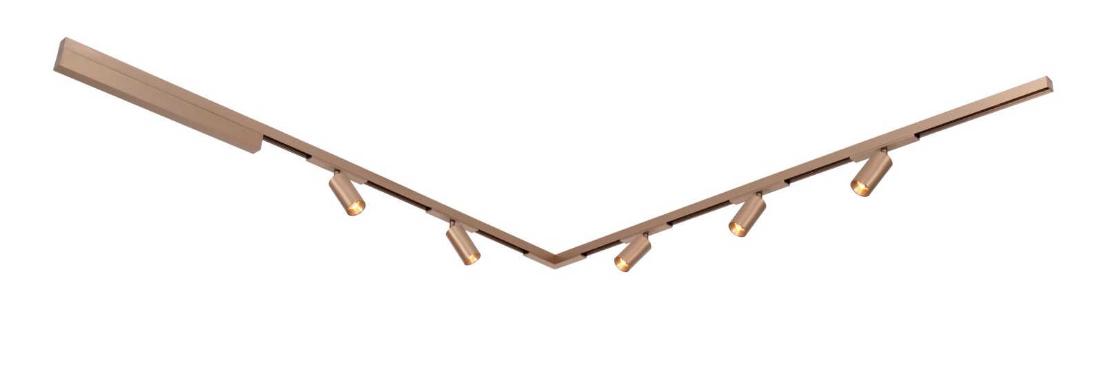 Moderne L-förmige LED-Stromschienenleuchte in Champagne/Beige mit fünf zylindrischen, verstellbaren Spots, warm leuchtend, freigestellt auf weißem Hintergrund, Perspektive: schräge Ansicht von unten (Untersicht)