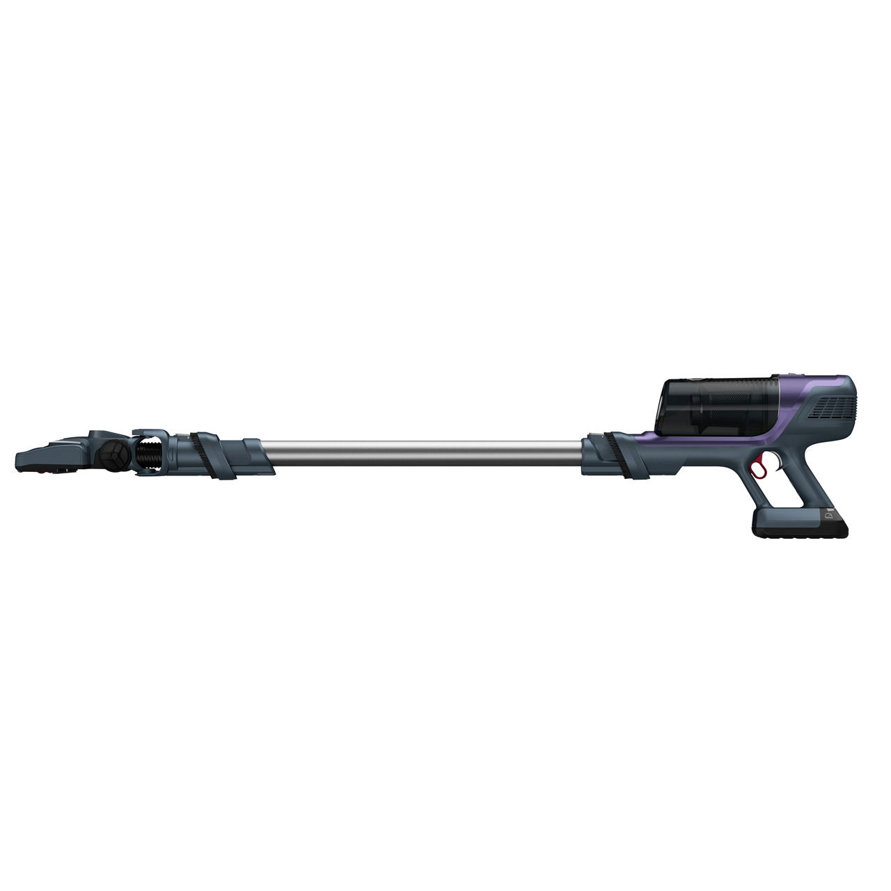 Seitliche Ansicht eines modernen Bodenstaubsaugers mit langem Saugrohr und ergonomischem Griff.